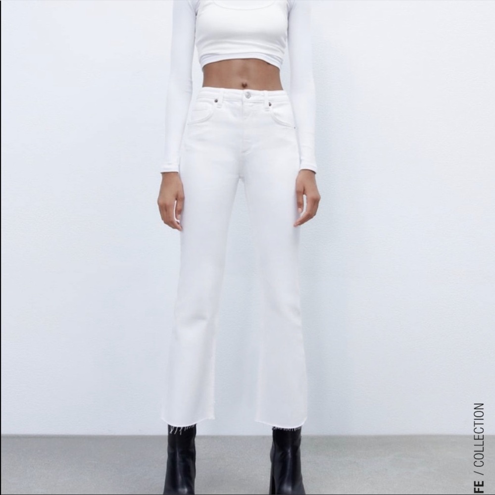 NWT Zara cropped kick flare jeans white frayed 4
